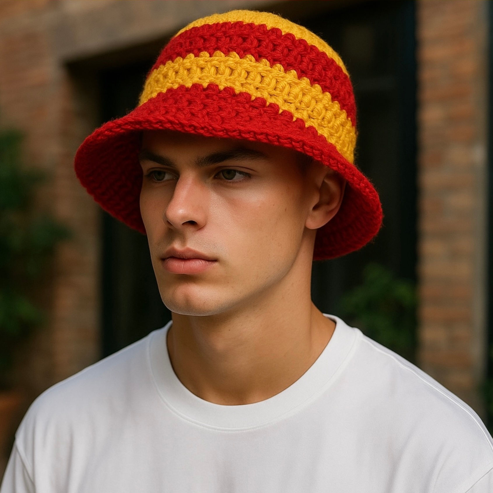Handmade Crochet Red & Gold Bucket Hat #2 – Unisex Festival & Casual Wear