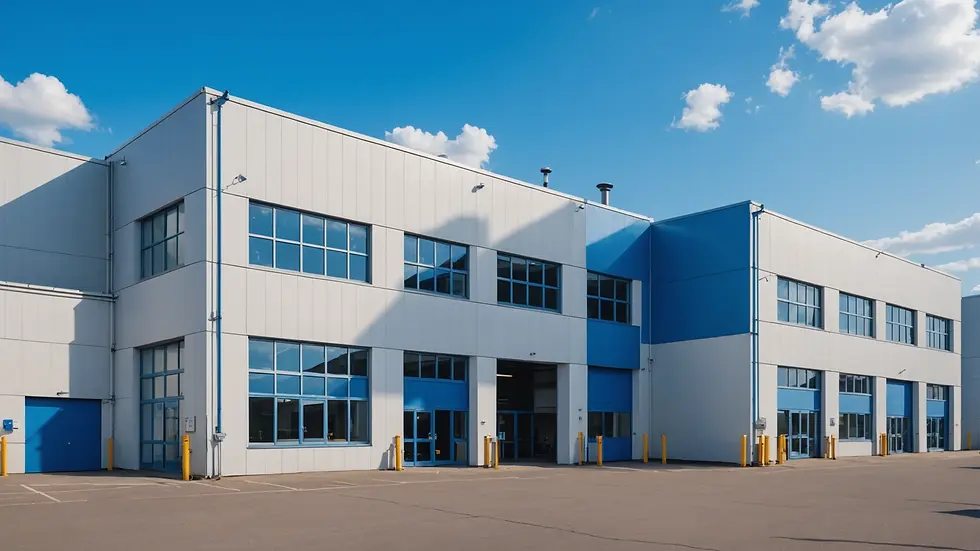 Eye-level view of an industrial property with clear blue skies