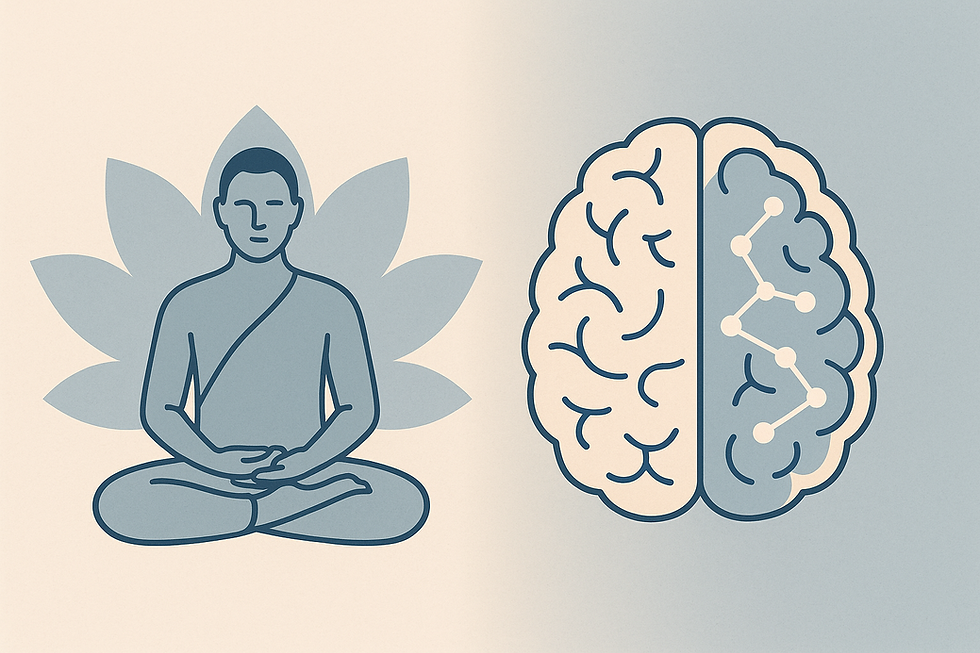 איור סמלי של חיבור בין מזרח למערב - מדיטציה מול דפוס מוחי