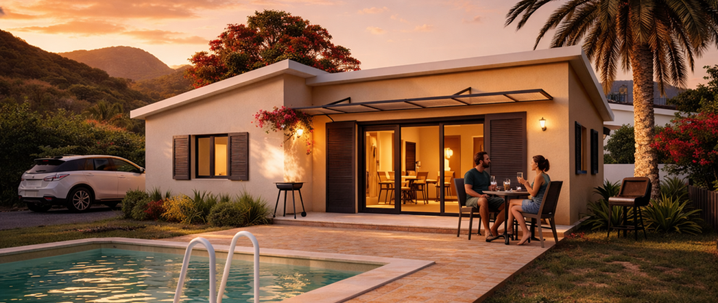 Vue de face alternative de la Villa L’Anse des Cascades, maison contemporaine de plain-pied avec piscine à La Réunion