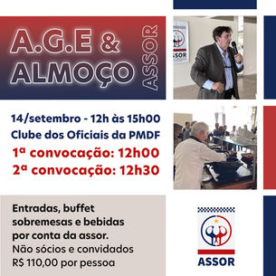 ASSOR agenda Assembleia Geral Extraordinária para 14 de setembro, juntamente com almoço mensal