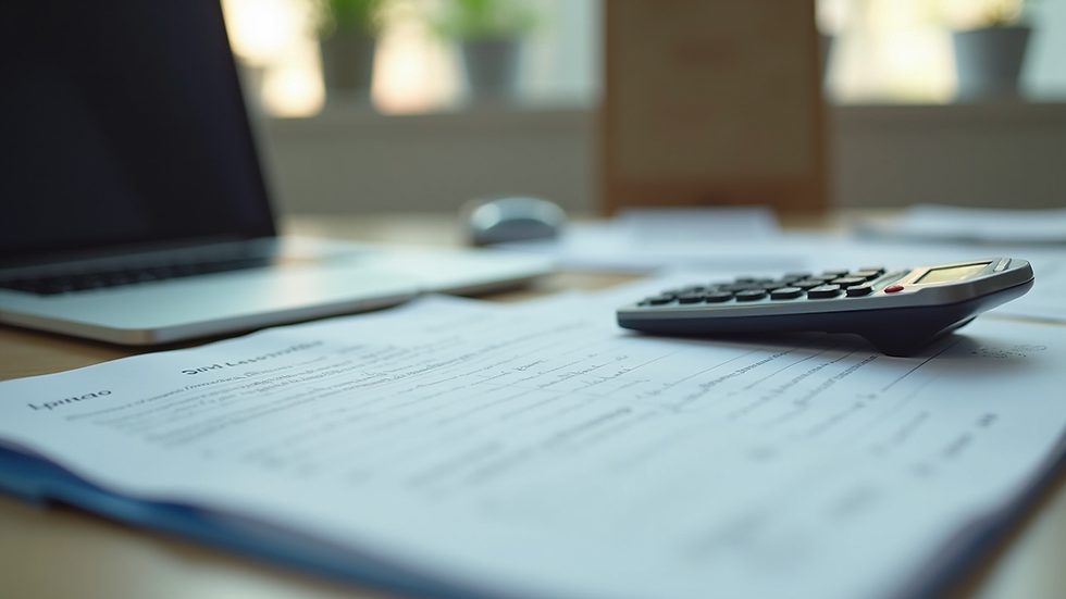 Eye-level view of a tidy office desk with bookkeeping documents and calculator