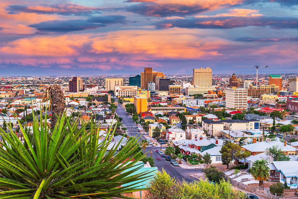 El Paso, Texas, USA  downtown city skyline at dusk with Juarez, Mexico in the distance..jp