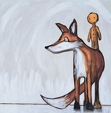 jane stadermann, original painting, cool art, affordable art, sydney artist, whimsical, goblin and frog, gingerbread man, fox