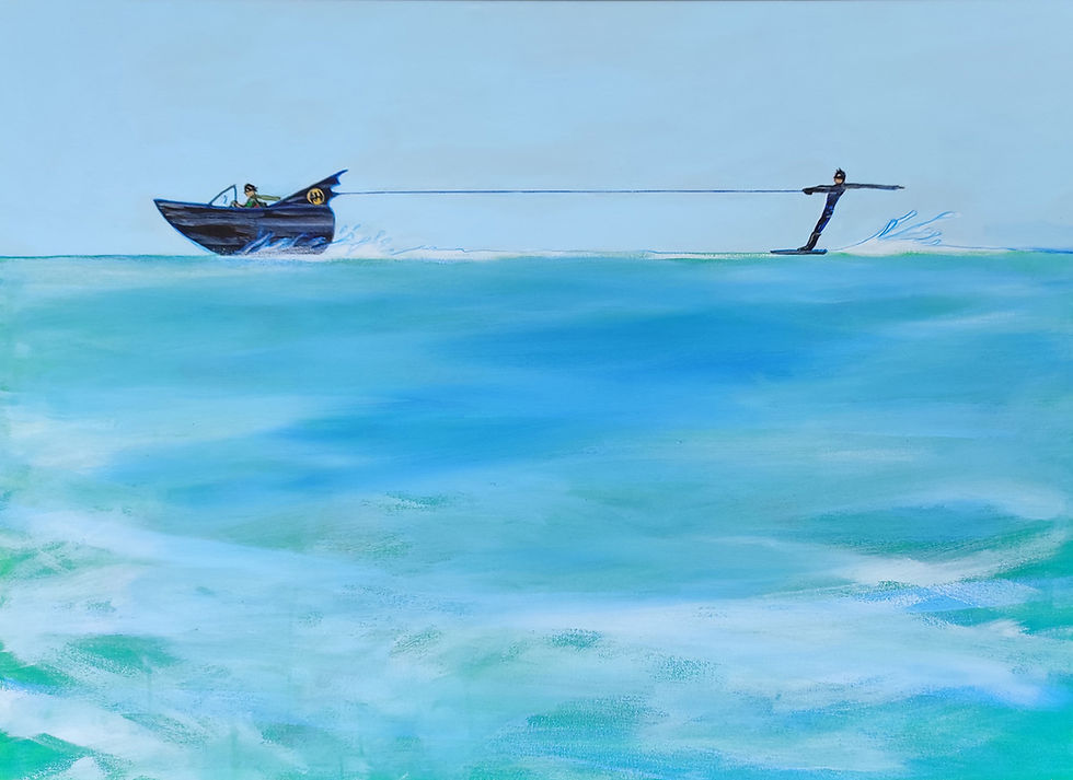 jane stadermann, original painting, cool art, affordable art, sydney artist, whimsical, superheroes, batman and robin, waterskiing, batski