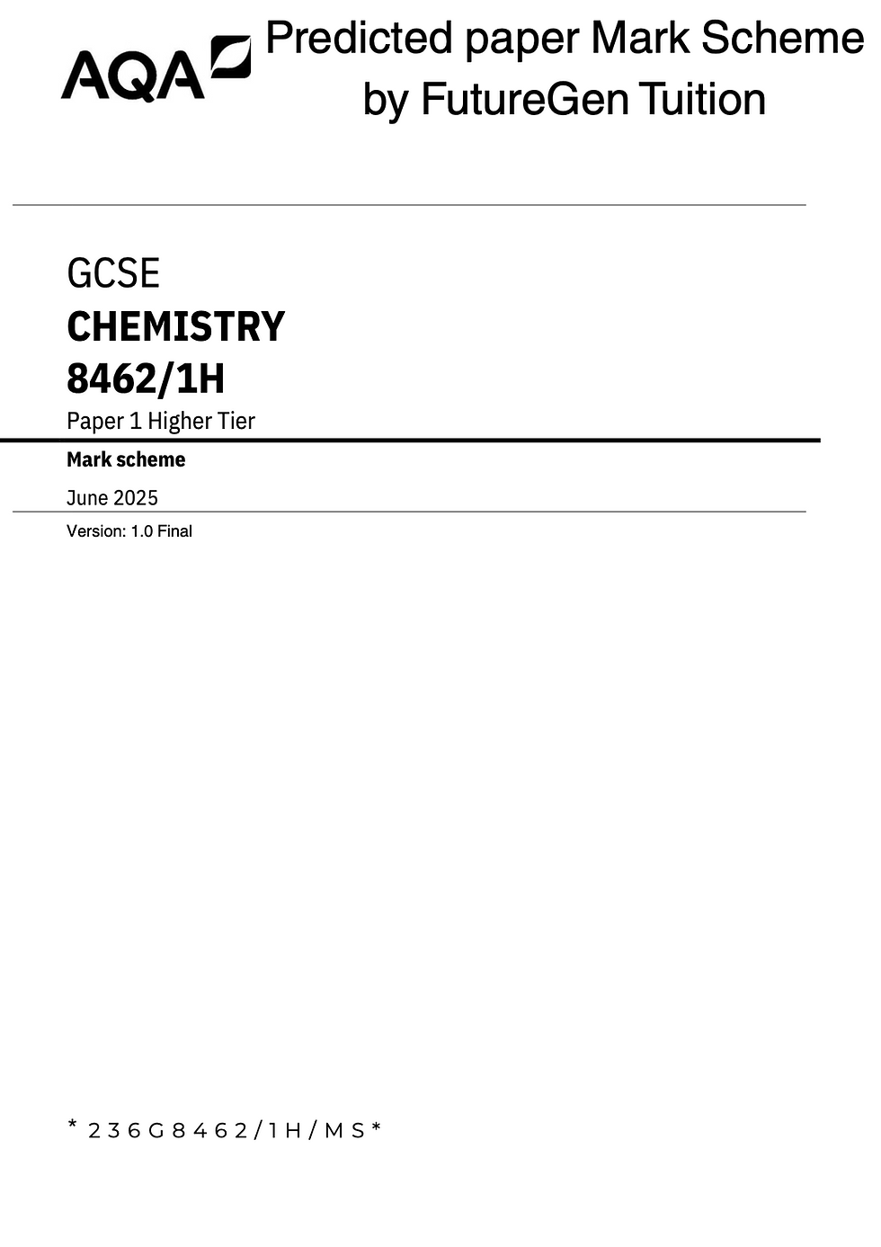 AQA GCSE Chemistry Predicted Paper Mark Scheme 1 2025