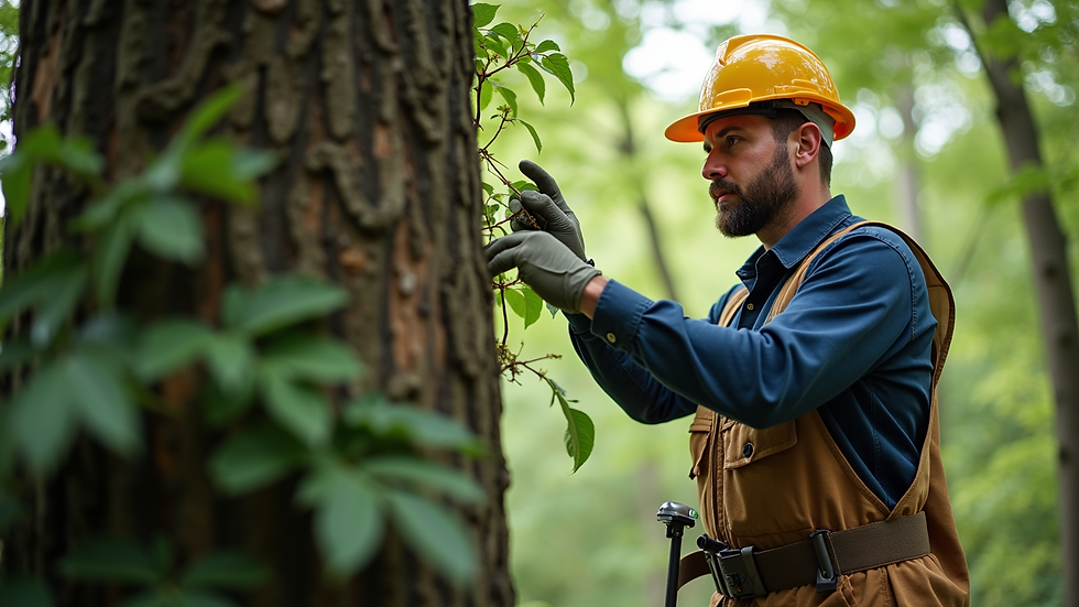 Eye-level view of a tree service professional assessing a tree's health