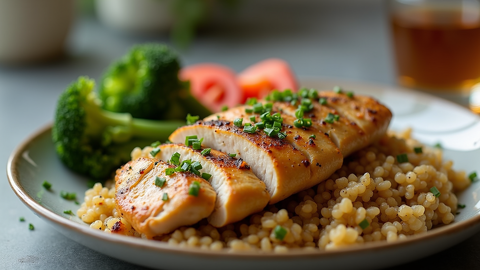 Close-up of a balanced plate with chicken, quinoa, and steamed vegetables