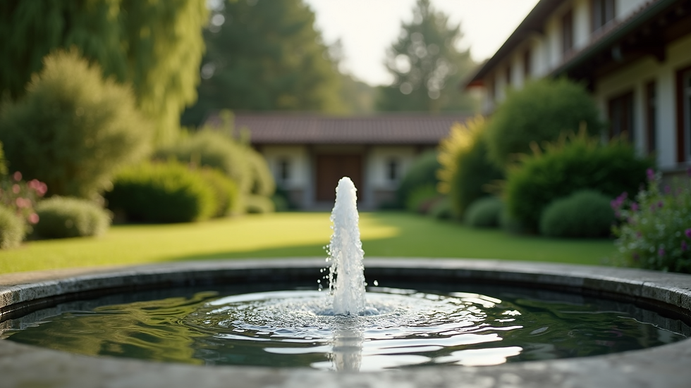 Eye-level view of a peaceful garden with a small water fountain