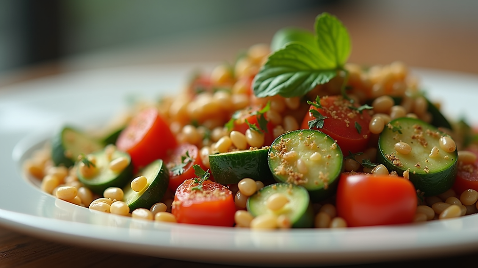 Close-up view of a healthy meal with colorful vegetables and grains on a plate