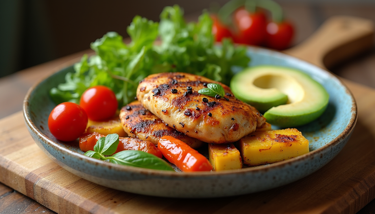 Eye-level view of a colorful plate with grilled chicken, roasted vegetables, and avocado slices