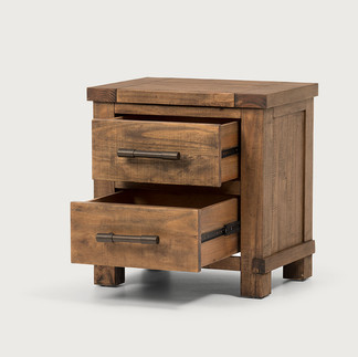 wooden bedside table with drawers open