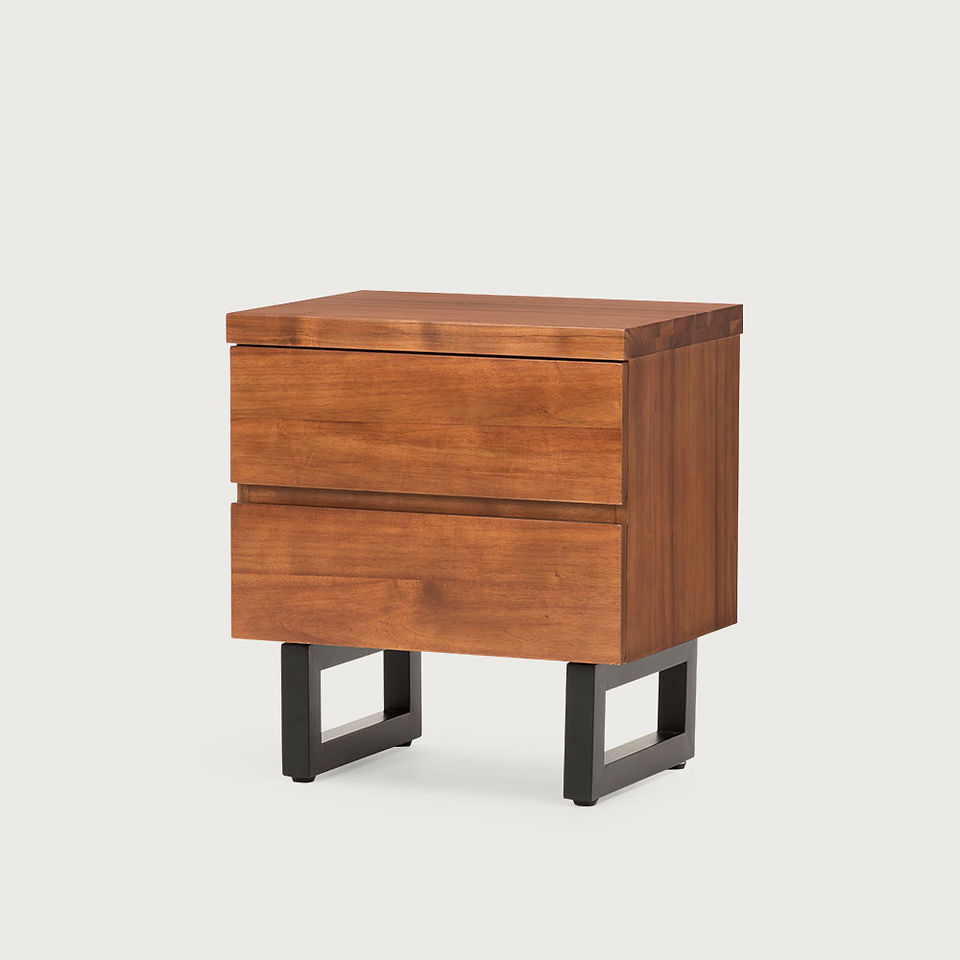 wooden bedside table with black steel legs