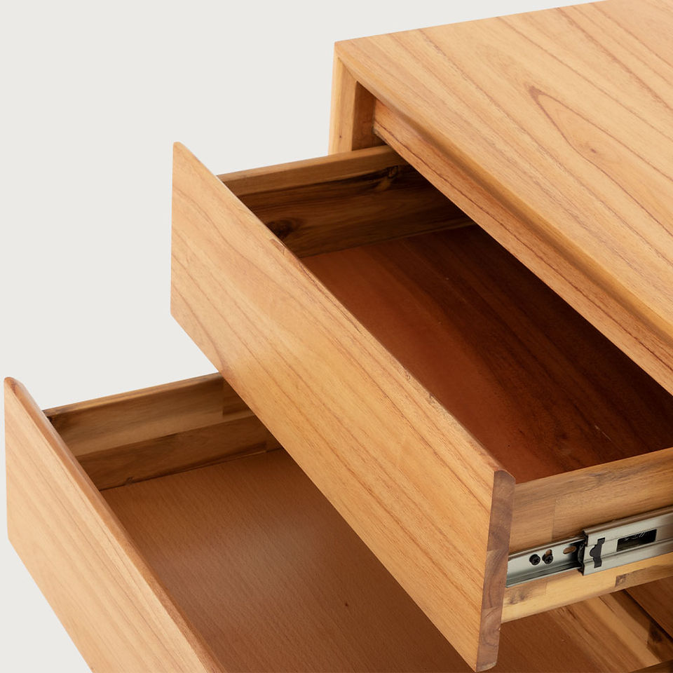 oak look scandi bedside table with drawers open