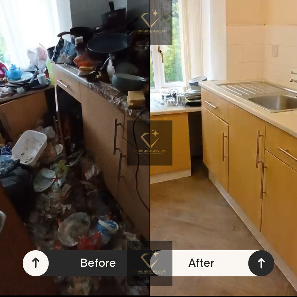 Kitchen counters and floors heavily cluttered with dishes and trash before cleaning in Newport
