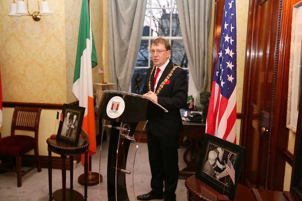 Lord Mayor Cllr. Tony Fitzgerald speaking at City Hall. Picture, Tony O'Connell Photography.