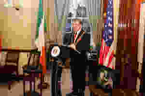 Lord Mayor Cllr. Tony Fitzgerald speaking at City Hall. Picture, Tony O'Connell Photography.