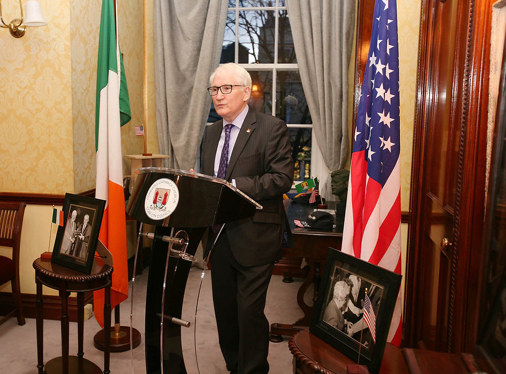 Michael O'Neill, relative of Tip O'Neill, and member of Mallow Development Partnership speaking in the Lord Mayors Chambers at City Hall. Picture, Tony O'Connell Photography.