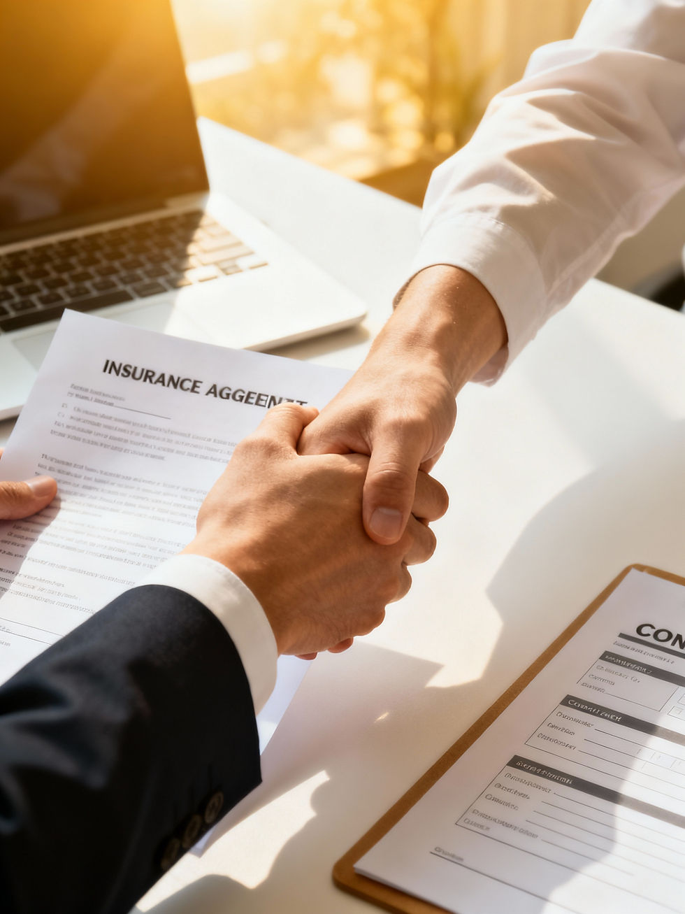 Hands shaking over insurance agreement with laptop and contact form - trusted partnership and insurance policy enrollment with Insurafina Edmonton licensed insurance agent