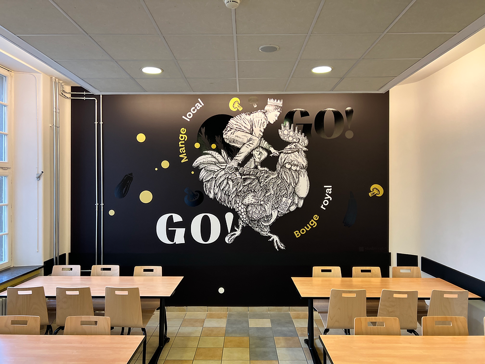 STUDIO VÉBÉ • Direction artistique de fresque d'art mural street art contemporain pour le restaurant du Collège Lycée Charlemagne de Thionville • Adhésif et fresque en métal XXL