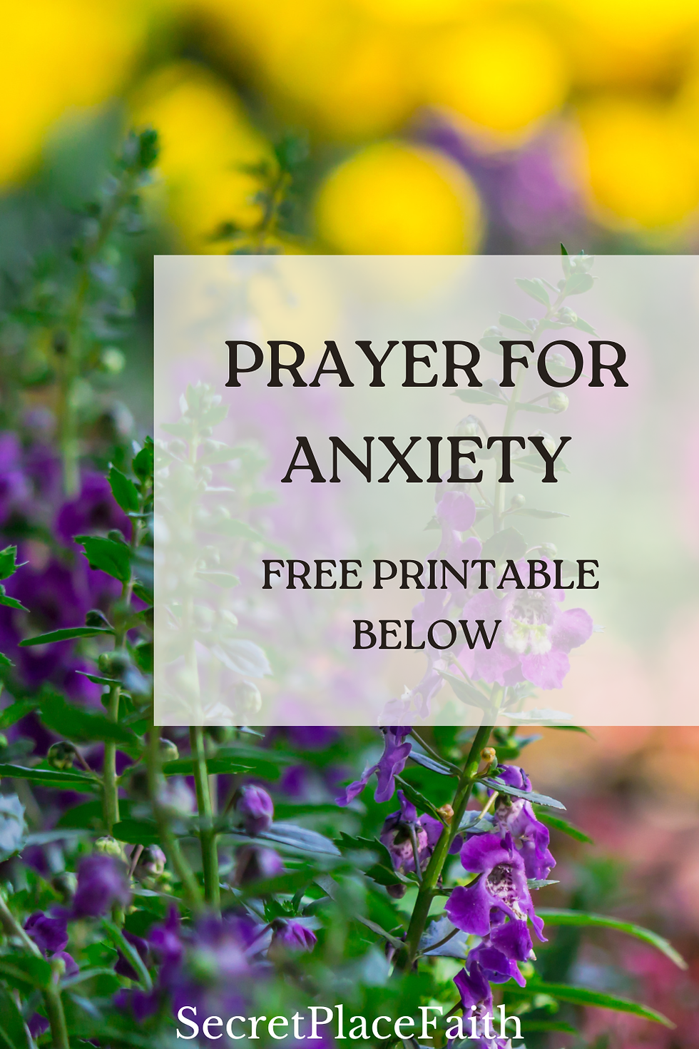 Purple flowers with text: "Prayer for Anxiety, Free Printable Below" on a blurred yellow background. Calm and serene mood.