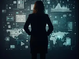 Entrepreneur standing confidently in front of a futuristic digital interface displaying global analytics, charts, and data visualisations, representing data-driven decision-making for business growth and strategic insights.