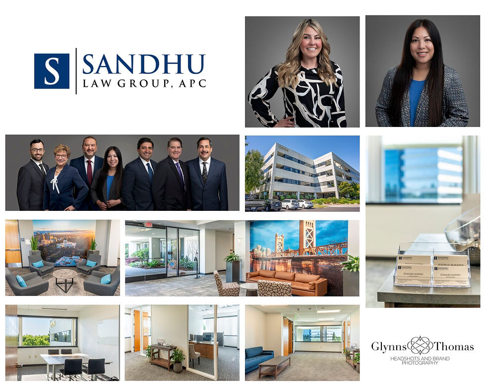 Sacramento Law Firm digitally combined created team group shot single headshots of team employees on neutral backgrounds inside of offices and building outside photographs