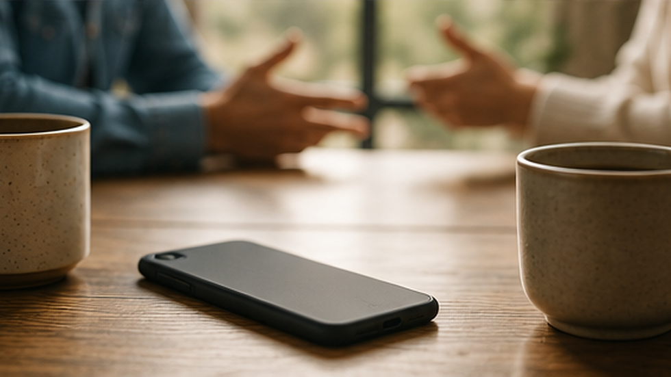 Phone placed face down during a conversation, representing presence and focused listening