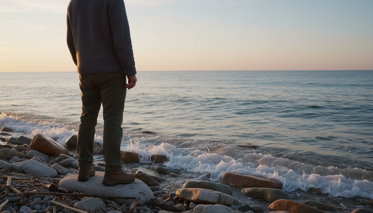 Eye-level view of a person standing alone on a rocky shoreline at dawn
