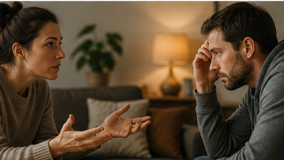 Two adults navigating a difficult conversation, illustrating defensiveness and emotional regulation in communication