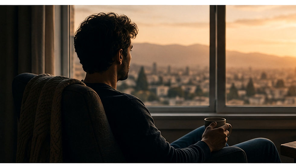 Man sitting alone by a window at sunset, reflecting on how past experiences can influence present relationships