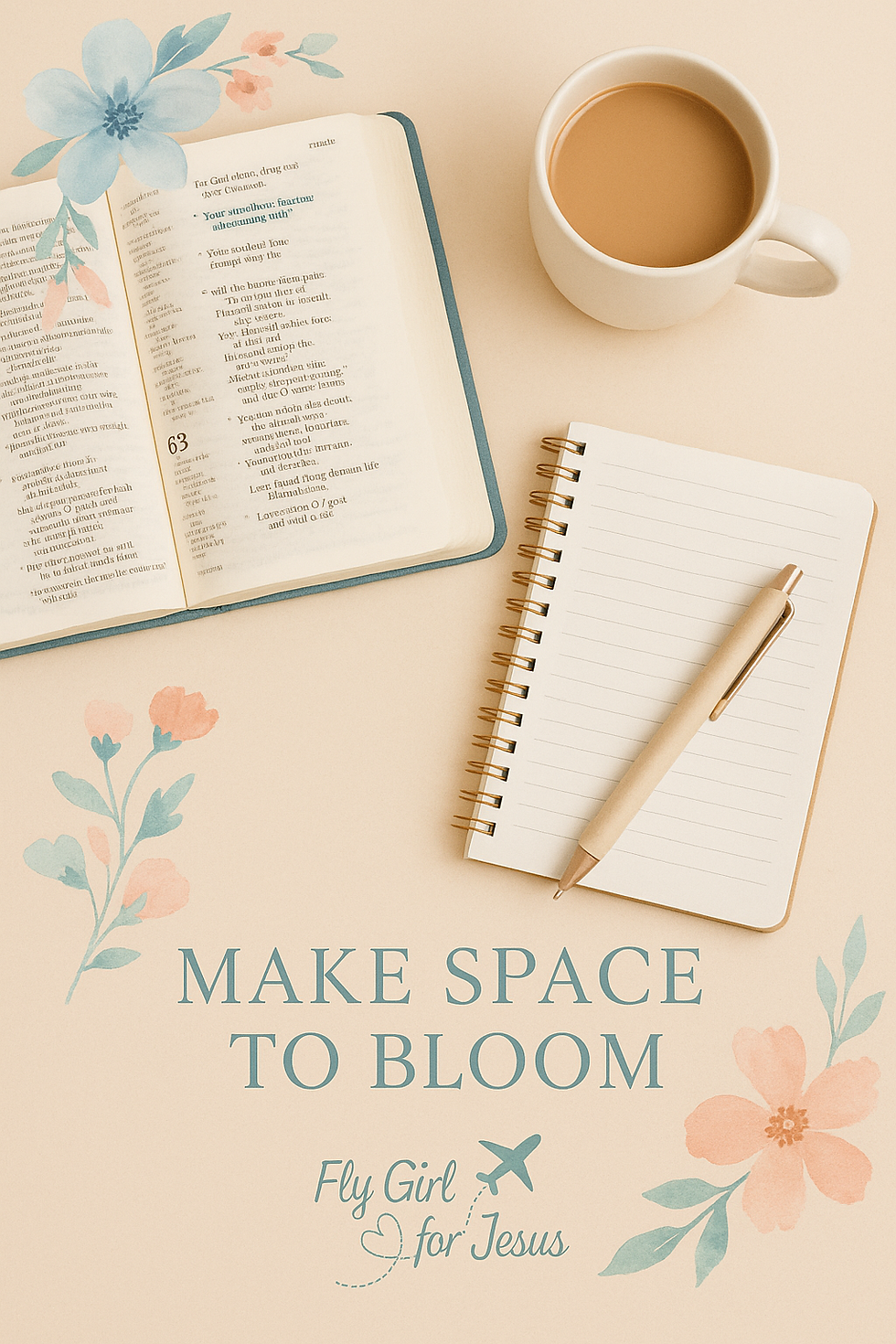 A serene and uplifting blog header for "Fly Girl for Jesus," featuring an open book, a notebook with a pen, and a cup of coffee. Delicate floral designs frame the message: "Make Space to Bloom."