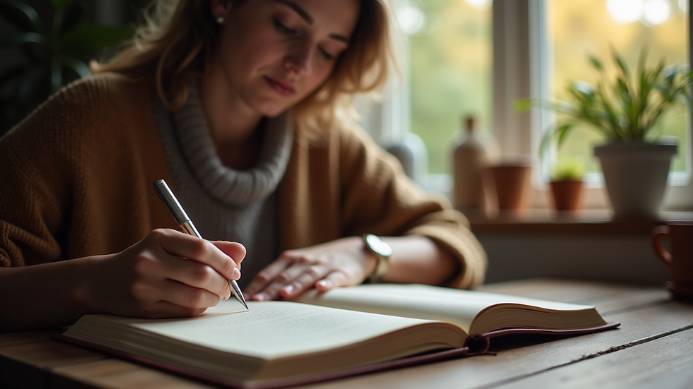 Close-up view of a person journaling in a cozy space