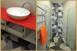 Orange Korean surface in a bathroom