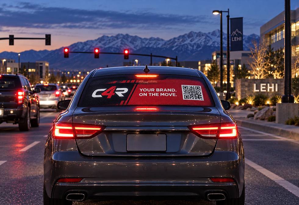 C4RADS rear-window advertisement on a commuter vehicle in Lehi