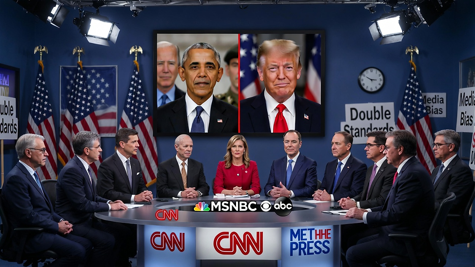 Satirical illustration of mainstream media anchors and Adam Schiff hypocritically criticizing Trump war powers while ignoring Obama Libya and Biden strikes