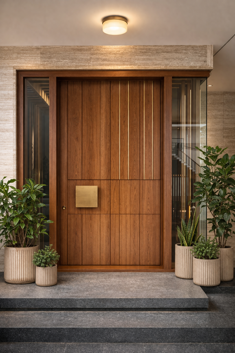 Main door with Teakwood enhanced with Brass handle.