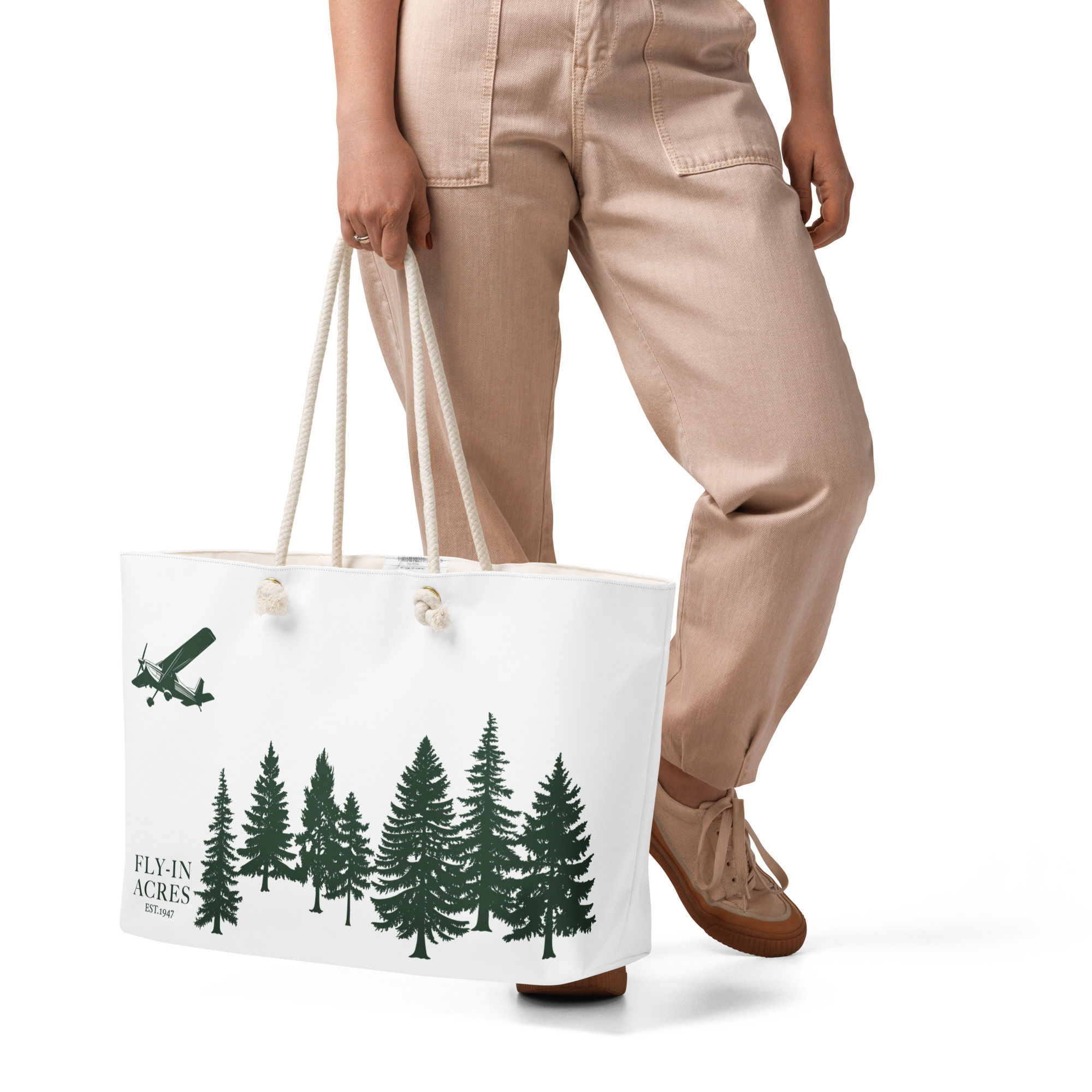 Oversized weekender Bag. Fly-in Acres Mascot planes and forest.