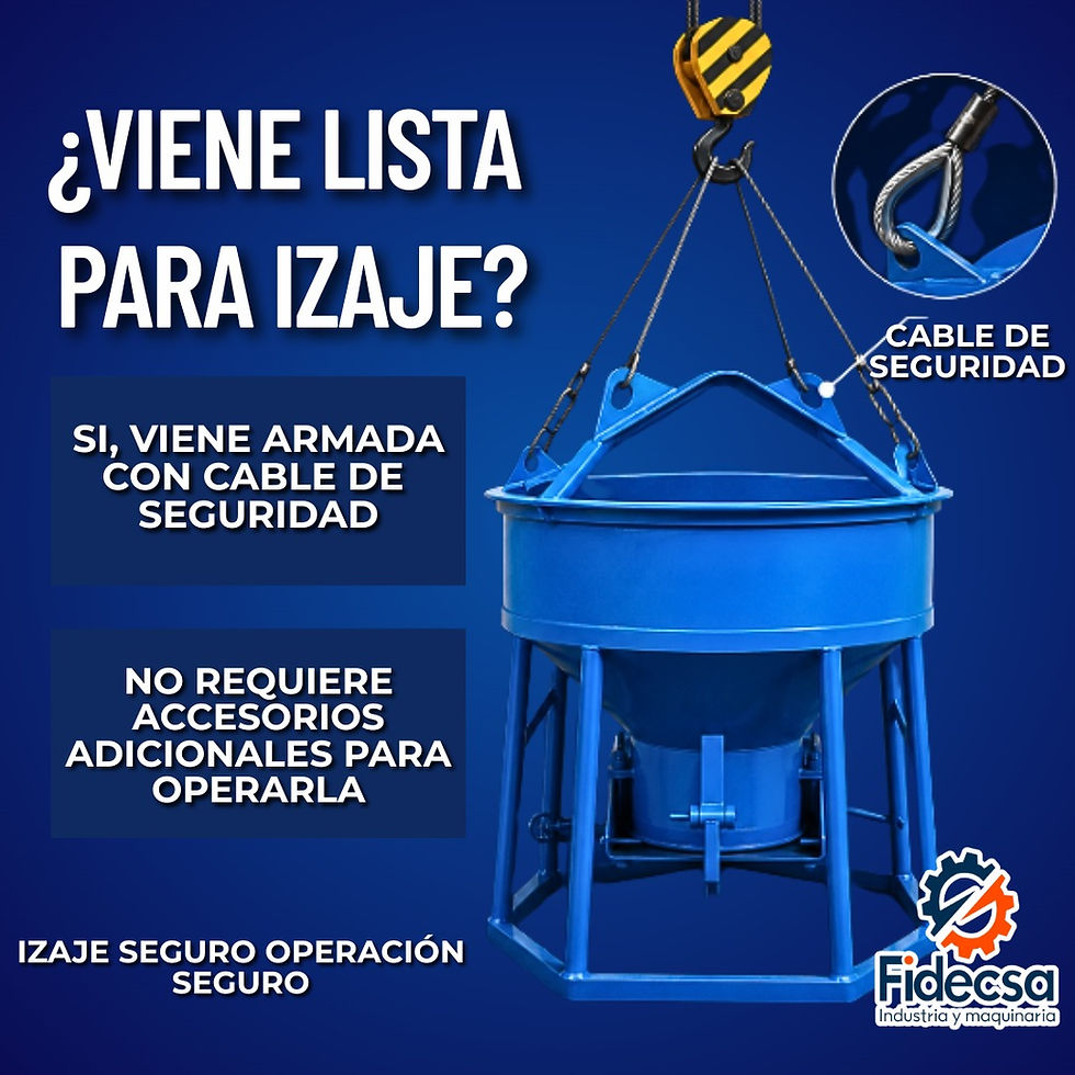 ¿La Bacha para Concreto de 1530 Litros viene armada con cable de seguridad o requiere accesorios de izaje adicionales para operarla?
