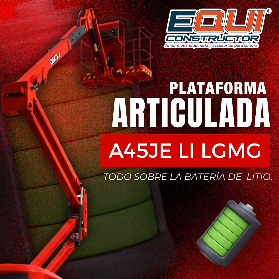 ¿Cuánto dura la batería de litio de la Plataforma Articulada A45JE LI LGMG en una jornada de trabajo continua y cuánto tiempo requiere para una carga completa?