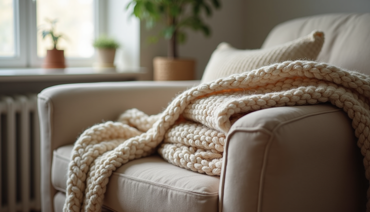 Close-up view of a soft knitted blanket folded gently on a chair