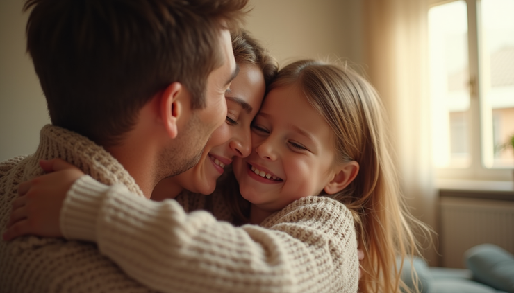 Eye-level view of a family embracing gently in a comforting hug