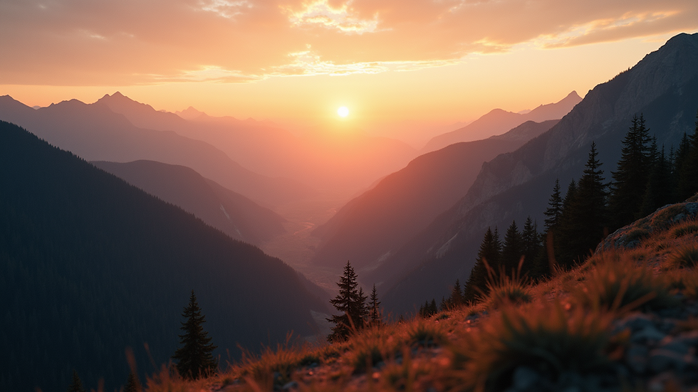 Eye-level view of a serene mountainscape during sunset