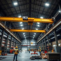 Here are the images depicting an overhead crane in a large warehouse setting. The crane is