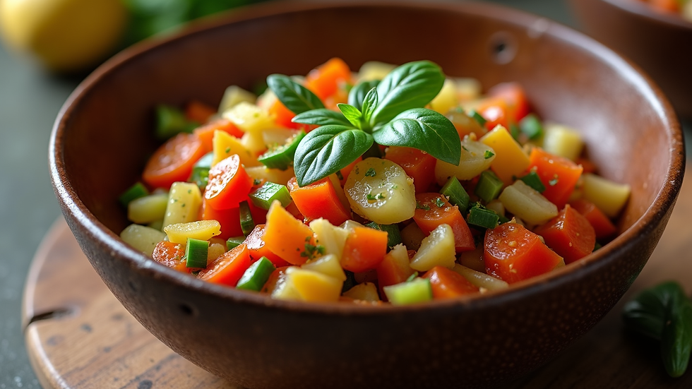 Close-up of a small bowl of mixed vegetable sabzi with vibrant colors