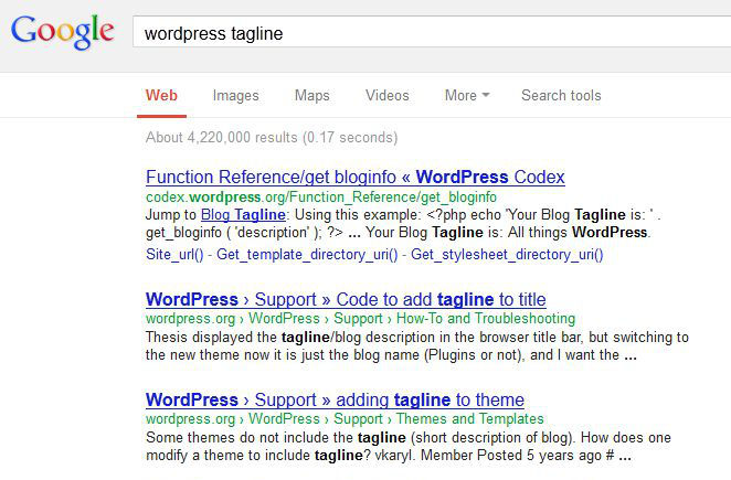 Rys. 6. Lista wyników zwracanych przez Google dla hasła WordPress tagline