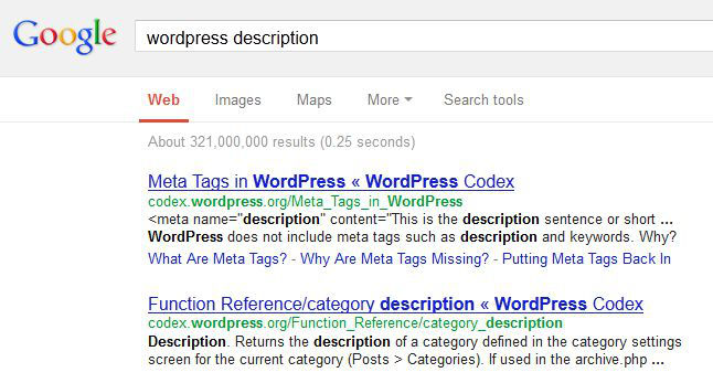 Rys. 5. Lista wyników zwracanych przez Google dla hasła WordPress description