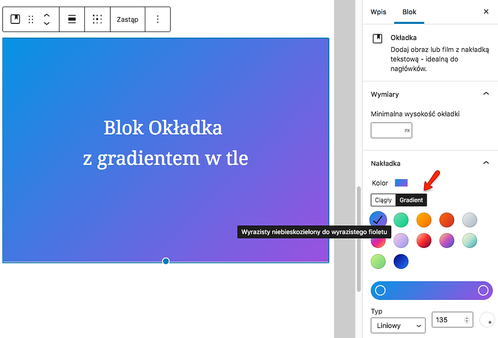 WordPressowy blok Okładka z gradientem w tle