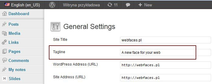 Rys. 7. Pole Opis (Tagline) wyświetlane w angielskiej wersji językowej WordPressa