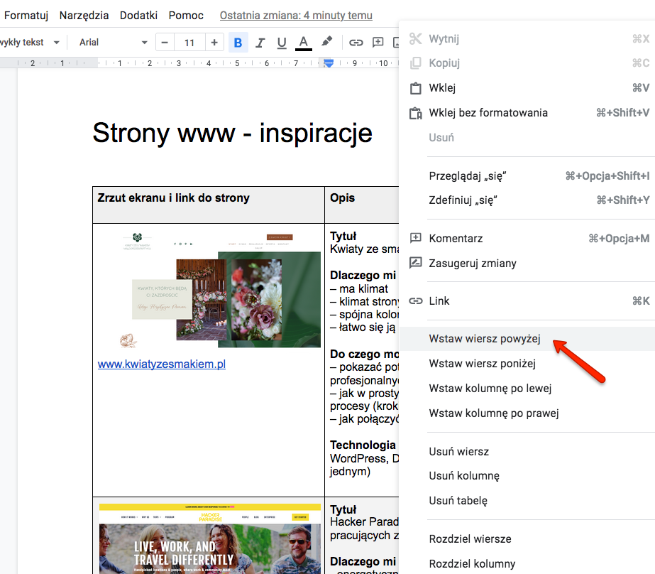 Przykładowy plik z inspiracjami w Google doc - nowe strony lepiej dodawać na początku